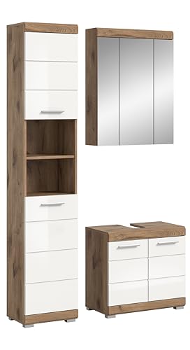 xonox.home Badezimmer Wave 3tlg. Kombination Badmöbel Set kleine Bäder Komplettprogramm Bademöbel-Set in weiß Hochglanz Tiefziehfront, Nox Oak Nb.Hochschrank Waschbeckenunterschrank Spiegelschrank xonox.home Badezimmer Wave 3tlg. Kombination Badmöbel Set kleine Bäder Komplettprogramm Bademöbel-Set in weiß Hochglanz Tiefziehfront, Nox Oak Nb.Hochschrank Waschbeckenunterschrank Spiegelschrank von xonox.home