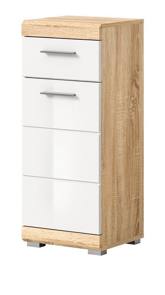 Inn.Furn Badkommode Mambo (Badschrank in Sonoma Eiche und weiß, 37 x 88 cm), Hochglanz von Inn.Furn