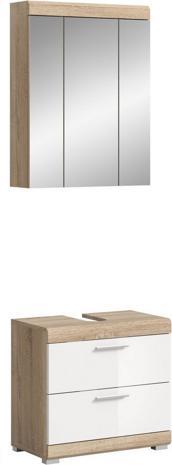 xonox.home Badmöbel-Set, (6tlg. Set inkl. Hoch-, Spiegel-, Stand-, Hängeschrank, WBU, Leuchte), Sonoma Eiche Hell Weiß Hochglanz Melamin Modern 60x191x37 cm von xonox.home