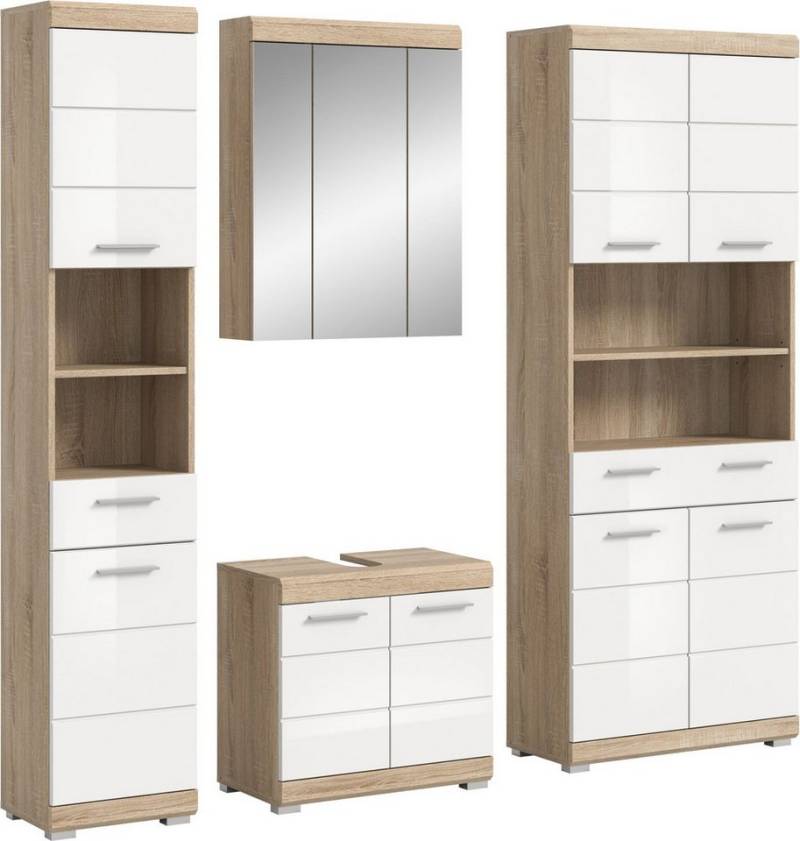 xonox.home Badmöbel-Set, 4 tlg. Set weiß hochglanz/Sonoma Eiche hell 186x191x34 cm von xonox.home