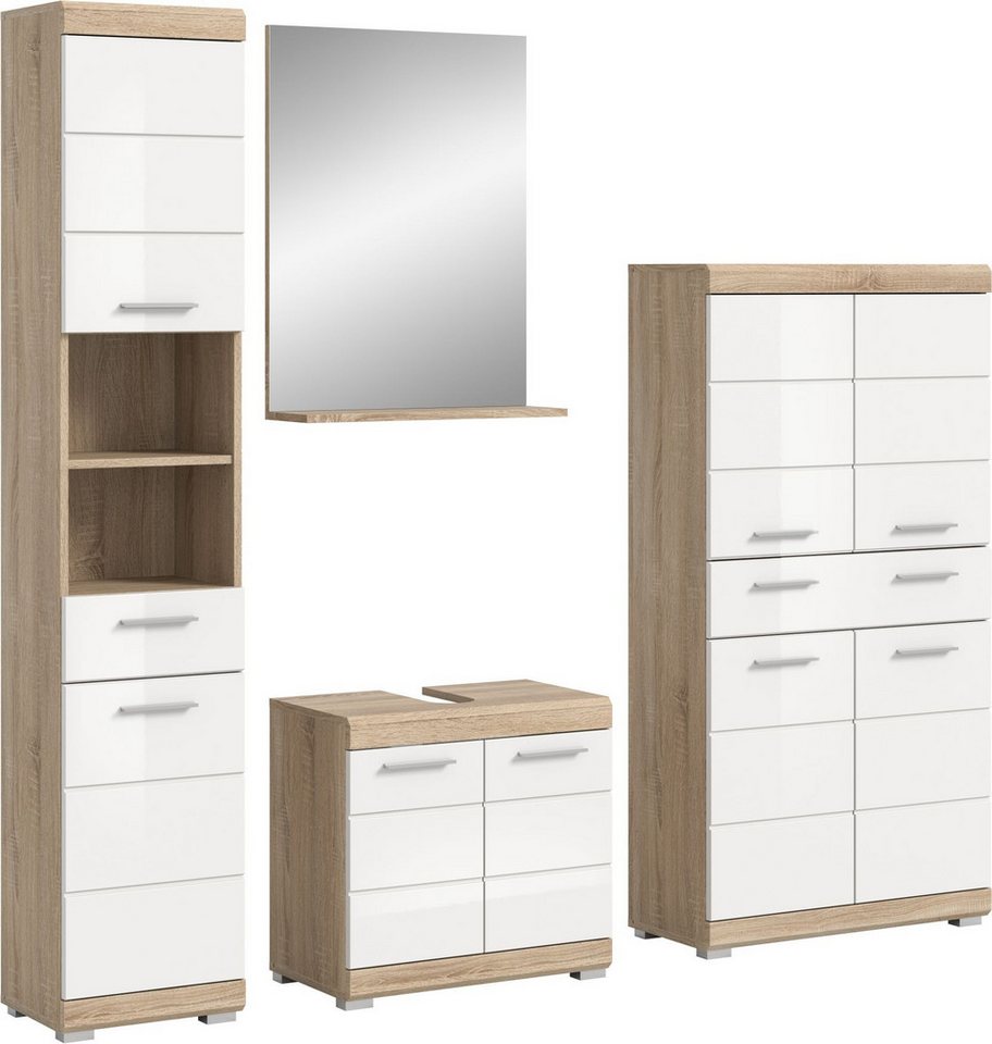 xonox.home Badmöbel-Set, (6tlg. Set inkl. Hoch-, Spiegel-, Stand-, Hängeschrank, WBU, Leuchte), Sonoma Eiche Hell Weiß Hochglanz Melamin Modern 186x191x34 cm von xonox.home