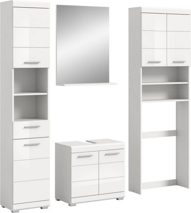 xonox.home Badmöbel-Set, (4tlg. Set inkl. 2x Hochschrank, Waschbeckenunterschrank, Spiegelpaneel), Weiß Hochglanz Melamin Modern 190x191x34 cm von xonox.home