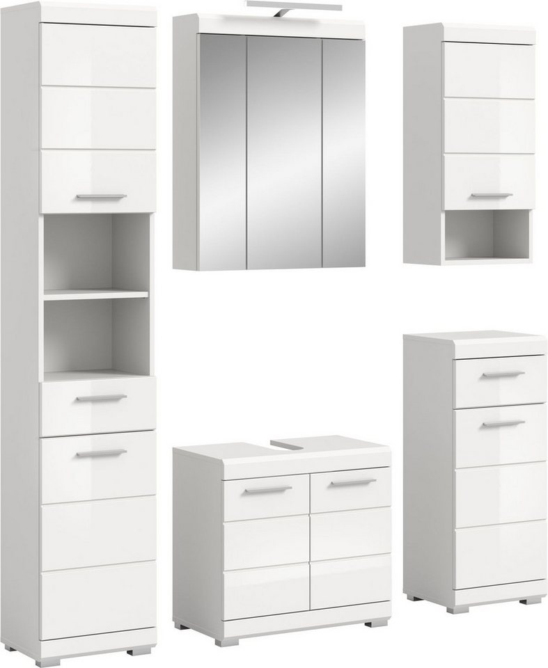 xonox.home Badmöbel-Set, (3tlg. Set bestehend aus WBU, Spiegelschrank, Badaufsatzleuchte), Weiß Hochglanz Melamin Modern 164x191x34 cm von xonox.home