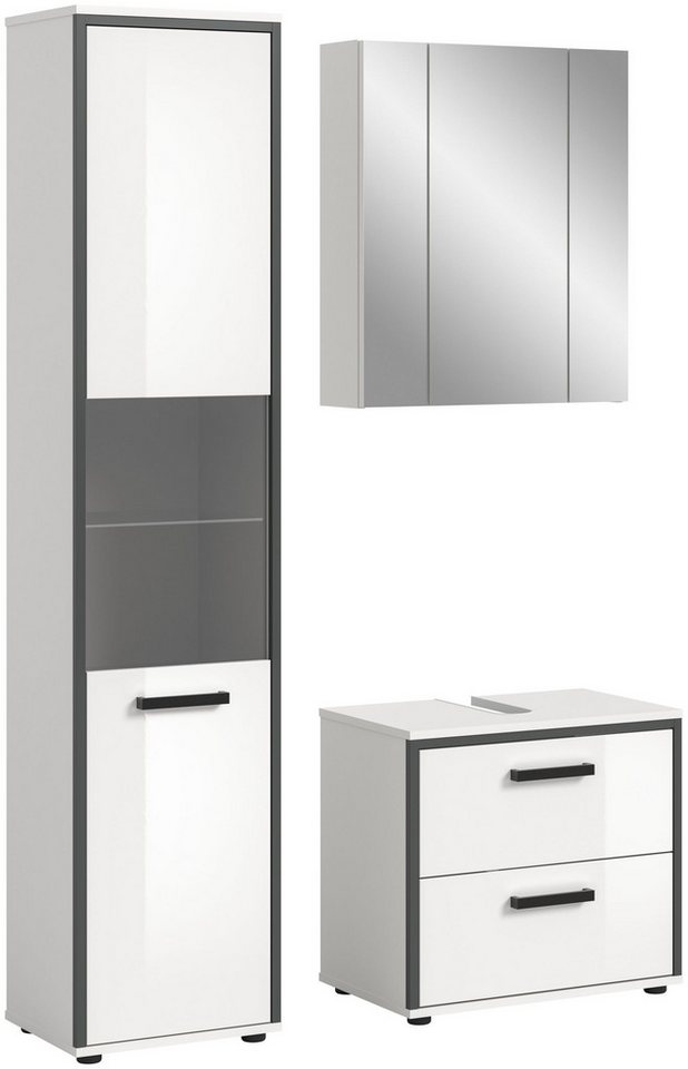 xonox.home Badmöbel-Set Kojak, (3-tlg. Hochschrank, Waschbeckenunterschrank & Spiegelschrank), in weiß hochglanz Frontglas grau getönt B/H/T ca.: 115/188/37 cm von xonox.home