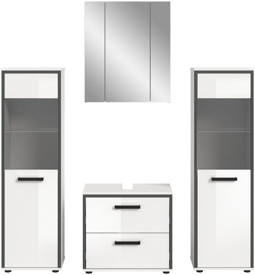 xonox.home Badmöbel-Set Kojak, (3-tlg. Waschbeckenunterschrank, Spiegelschrank & Badschrank), in weiß hochglanz B/H/T ca.: 171/188/37 cm von xonox.home