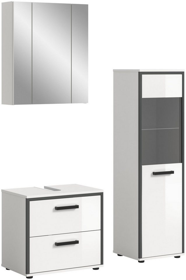 xonox.home Badmöbel-Set Kojak, (3-tlg. Waschbeckenunterschrank, Spiegelschrank & Badschrank), in weiß hochglanz Frontglas grau getönt B/H/T ca.: 115/188/37 cm von xonox.home