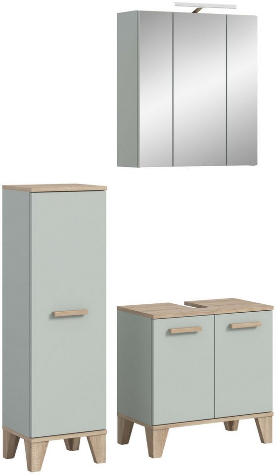 xonox.home Badmöbel-Set Star, (3-tlg. Badmidischrank, Waschbeckenunterschrank, Spiegelschrank), inkl. Aufsatzleuchte in hellgrün B/H/T ca.: 109 x 190 x 34 cm von xonox.home