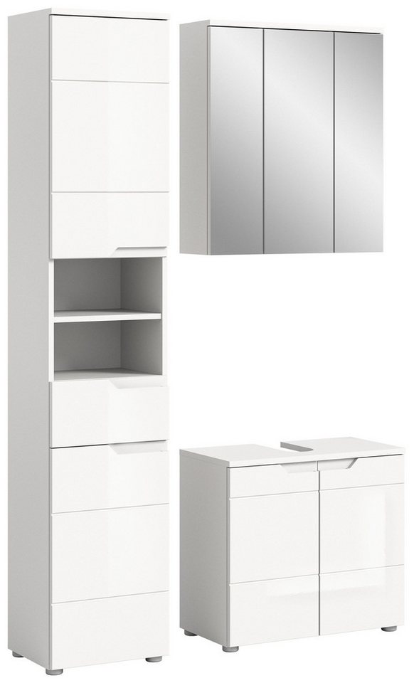 xonox.home Badmöbel-Set, (5tlg. Set Hochschrank, WBU, Spiegelschrank, Standschrank, Hängeschrank), Weiß Hochglanz Softclose Melamin Modern 116x193x34 cm von xonox.home