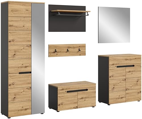 xonox.home Garderobe Canu 5tlg. Set Garderobenkombination Garderobenschrank Garderobenmöbel Flurmöbel-Set Flursystem Stauraumlösung in Front Artisan Nb., Korpus Basalt grau Nb., Absetzung Artisan Nb. von xonox.home