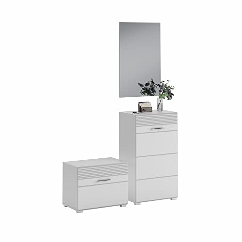 xonox.home Garderobe Linus 3tlg. Set Garderobenkombination Garderobenschrank Garderobenmöbel Flurmöbel-Set Flursystem Stauraumlösung in Front weiß Hochglanz Korpus/Absetzung weiß von xonox.home