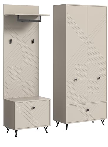 xonox.home Garderobe Notes 3tlg. Set Garderobenkombination Garderobenschrank Garderobenmöbel Flurmöbel-Set Flursystem Stauraumlösung Front sandbeige matt MDF Korpus sandbeige melamin von xonox.home