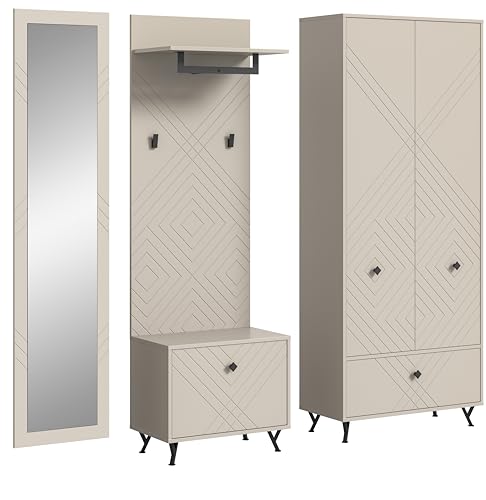 xonox.home Garderobe Notes 4tlg. Set Garderobenkombination Garderobenschrank Garderobenmöbel Flurmöbel-Set Flursystem Stauraumlösung Front sandbeige matt MDF Korpus sandbeige melamin von xonox.home