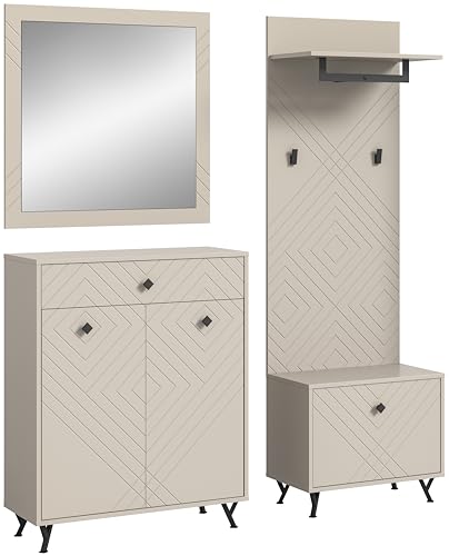 xonox.home Garderobe Notes 4tlg. Set Garderobenkombination Garderobenschrank Garderobenmöbel Flurmöbel-Set Flursystem Stauraumlösung Front sandbeige matt MDF Korpus sandbeige melamin von xonox.home