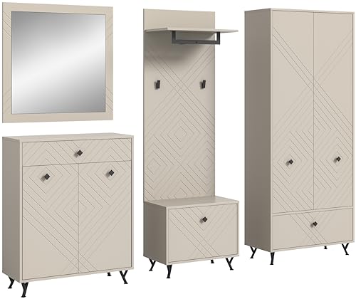 xonox.home Garderobe Notes 5tlg. Set Garderobenkombination Garderobenschrank Garderobenmöbel Flurmöbel-Set Flursystem Stauraumlösung Front sandbeige matt MDF Korpus sandbeige melamin von xonox.home