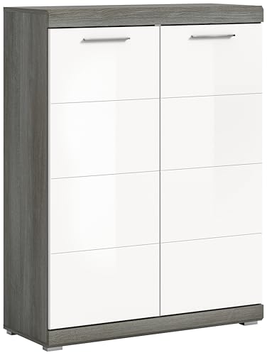 xonox.home Garderobe Scout Schuhkommode Schuhschrank Kommode Highboard Stauraumschrank in Front weiß Hochglanz Korpus rauchsilber Nb., .ca.90x120x37 cm von xonox.home