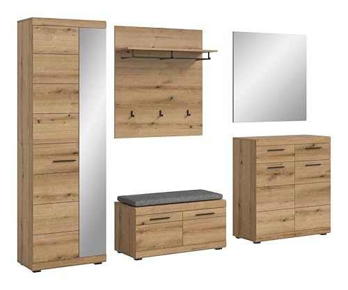 xonox.home Garderobe Scout 5tlg. Set Garderobenkombination Garderobenschrank Garderobenmöbel Flurmöbel-Set Flursystem Stauraumlösung in Evoke Oak Eiche Nb., ca. 272x197x40 cm von xonox.home