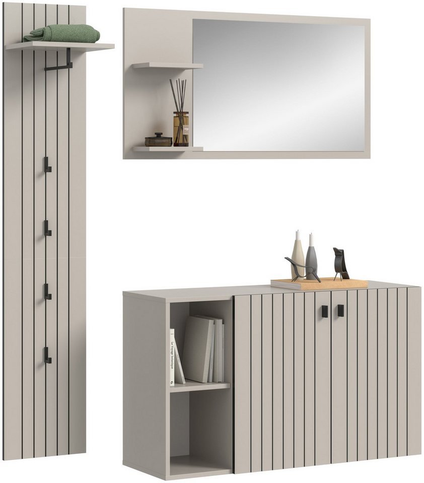 xonox.home Garderoben-Set, (3-tlg. Schuhkommode, Garderobenspiegel & Garderobenpaneel), in Kaschmir Nachbildung B/H/T ca.: 152/192/37 cm von xonox.home