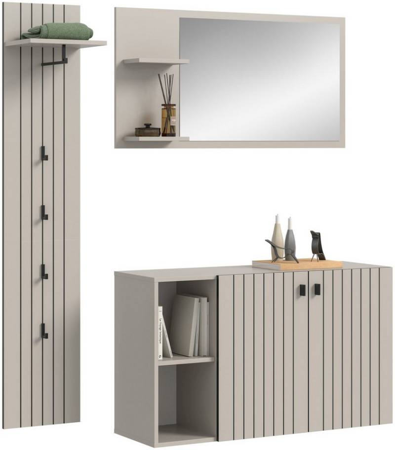 xonox.home Garderoben-Set, (3-tlg. Schuhkommode, Garderobenspiegel & Garderobenpaneel), in Kaschmir Nachbildung B/H/T ca.: 152/192/37 cm von xonox.home