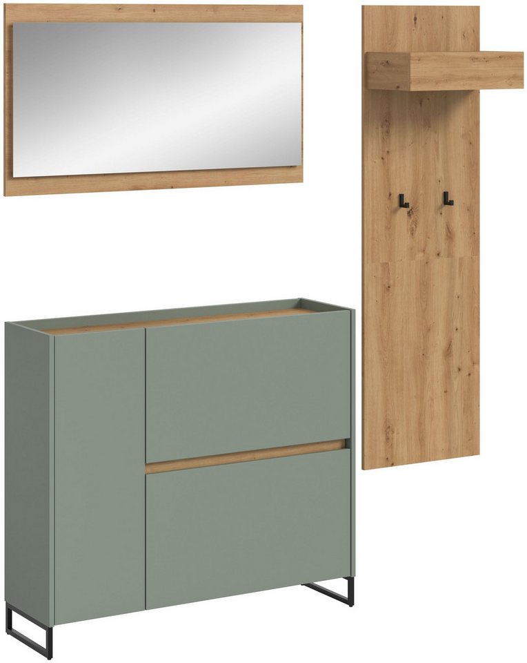 xonox.home Garderoben-Set, (3tlg. Set inkl. Schuhkommode, Spiegel, Garderobenpaneel), Salbei Nachbildung Melamin beschichtet modern 192x175x32 cm von xonox.home