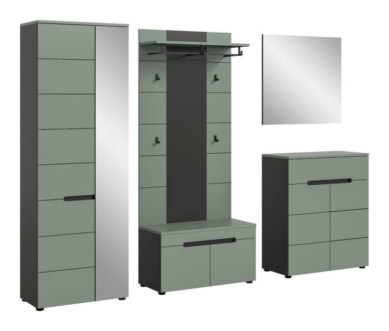 xonox.home Garderoben-Set, (5tlg. Set inkl. Garderobenschrank, Sitzbank, Paneel, Schuhkommode), Smoke Green Melamin beschichtet modern 255x190x37 cm von xonox.home