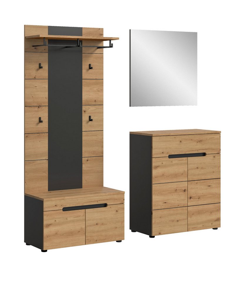 xonox.home Garderoben-Set Canu, (4tlg. Set inkl. Sitzbank, Paneel, Schuhkommode, Spiegel), Basalt grau Nachbildung Melamin beschichtet modern 175x190x37 cm von xonox.home