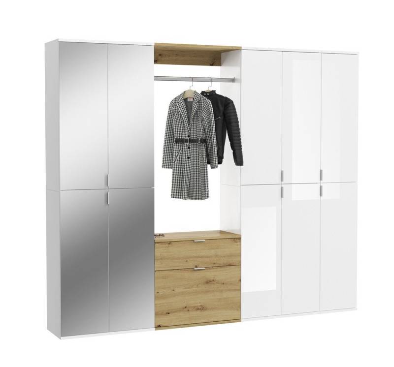 xonox.home Garderoben-Set Garderoben Set Projekt X weiß Hochglanz EicheSpiegeltüren 4-teilig, (4-St), Garderoben-Set, Flurgarderoben Set in eiche 4-teilig, Kompaktgarderobe von xonox.home