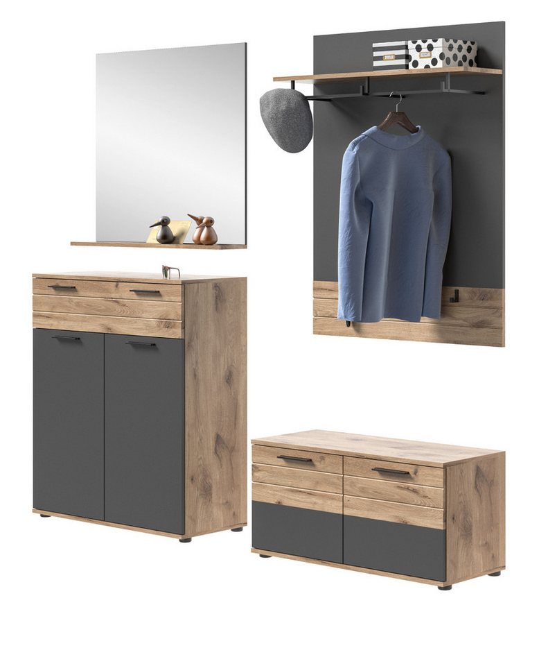 Inn.Furn Garderoben-Set Tomaso, (Garderobe 4-teilig, Basalt grau mit Eiche), mit viel Stauraum und Soft-Close von Inn.Furn