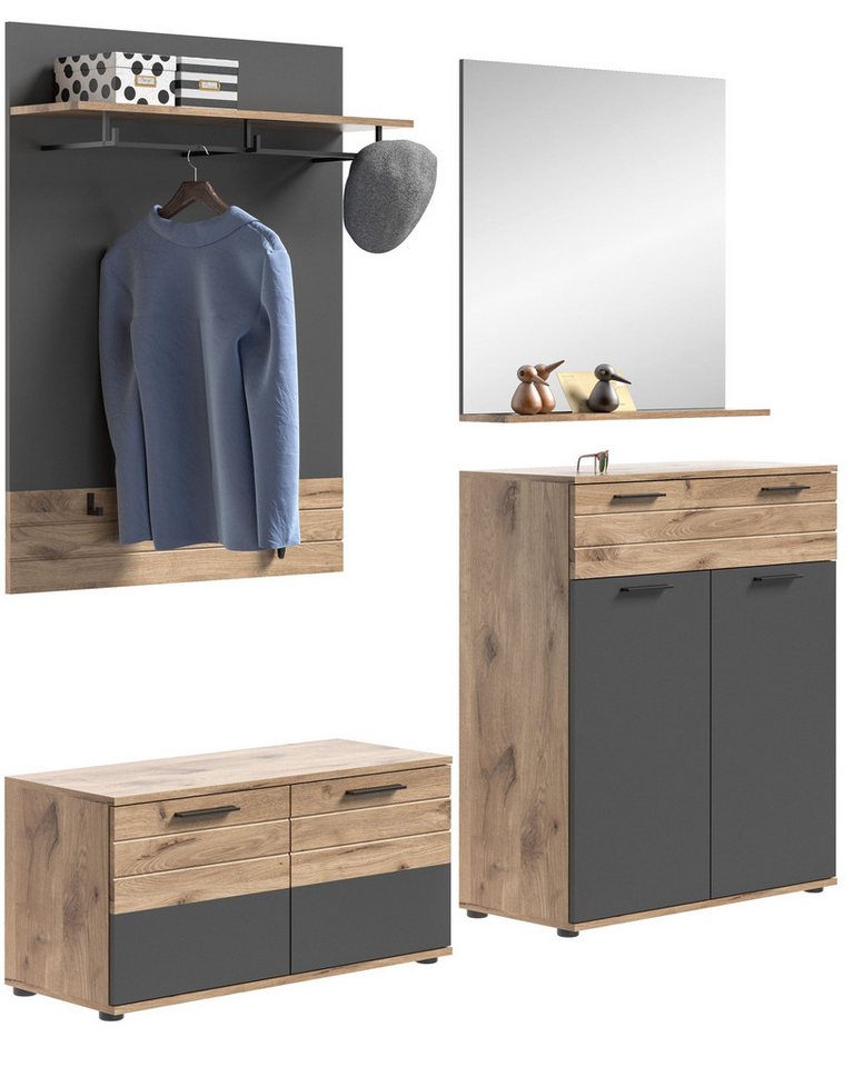xonox.home Garderoben-Set Mason, (4tlg. Set enthält Sitzbank, Garderobenpaneel, Scvhuhkommode, Spiegel), Nox Oak Nachbildung Basalt Grau Siphonausschnitt Modern 195x200x38 cm von xonox.home