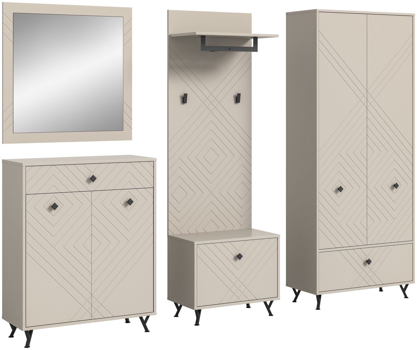 xonox.home Garderoben-Set Notes, (5tlg. Set Garderobenschrank, Sitzbank, Paneel, Schuhkommode, Spiegel), Sandbeige Matt Retro Melamin 250x190x35 cm von xonox.home