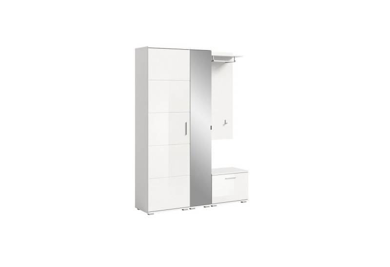xonox.home Garderoben-Set Prego, (4tlg. Set inkl. Garderobenschrank, Spiegelschrank, Sitzbank, Paneel), Weiß Hochglanz Melamin Modern 140x191x37 cm von xonox.home