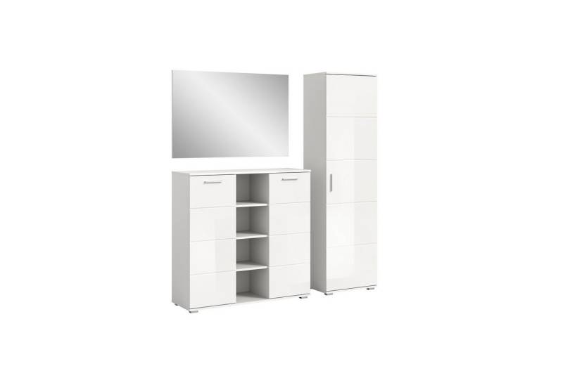 xonox.home Garderoben-Set Prego, (3tlg. Set bestehend aus Kommode, Spiegel, Garderobenschrank), Weiß Hochglanz Siphonausschnitt Melamin Modern 180x191x37 cm von xonox.home