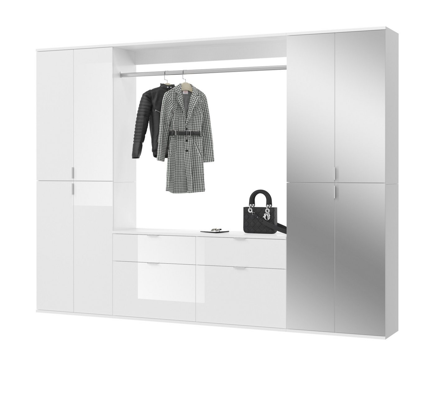 xonox.home Garderoben-Set ProjektX, (Garderobe und Schuhschrank in weiß Hochglanz, 243 x 193 cm), variable Inneneinteilung von xonox.home