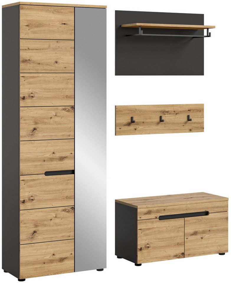 xonox.home Garderoben-Set Canu, (3tlg. Set bestehend aus Garderobenschrank, Sitzbank, Paneel), Artisan Nachbildung Basalt Grau Siphonausschnitt Melamin 160x190x37 cm von xonox.home