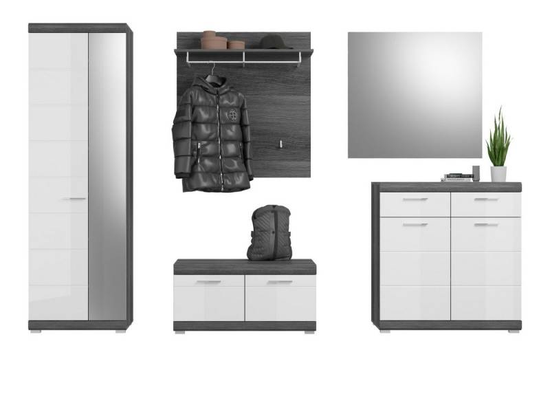 Inn.Furn Garderoben-Set Shawn, (Komplett-Set 5-teilig, grau Rauchsilber und weiß), Hochglanz von Inn.Furn