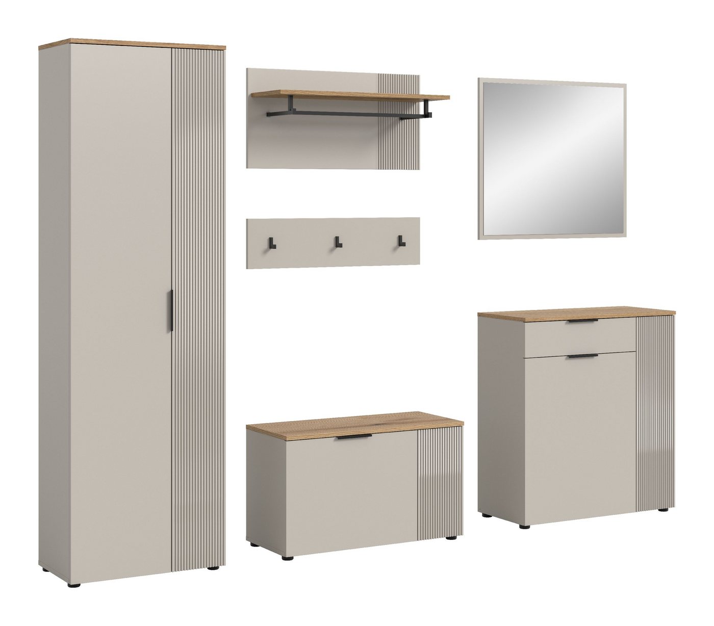 xonox.home Garderoben-Set Slide, (5tlg. Set inkl. Garderobenschrank, Sitzbank, Paneel, Kommode, Spiegel), Melamin beschichtet modern 250x190x36 cm von xonox.home