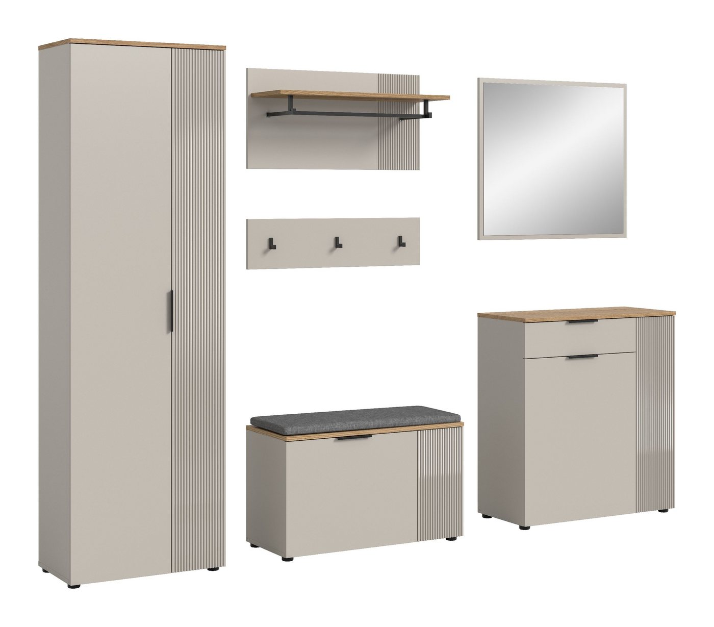 xonox.home Garderoben-Set Slide, (5tlg. Set inkl. Garderobenschrank, Sitzbank, Paneel, Kommode, Spiegel), Melamin beschichtet modern 250x190x36 cm von xonox.home