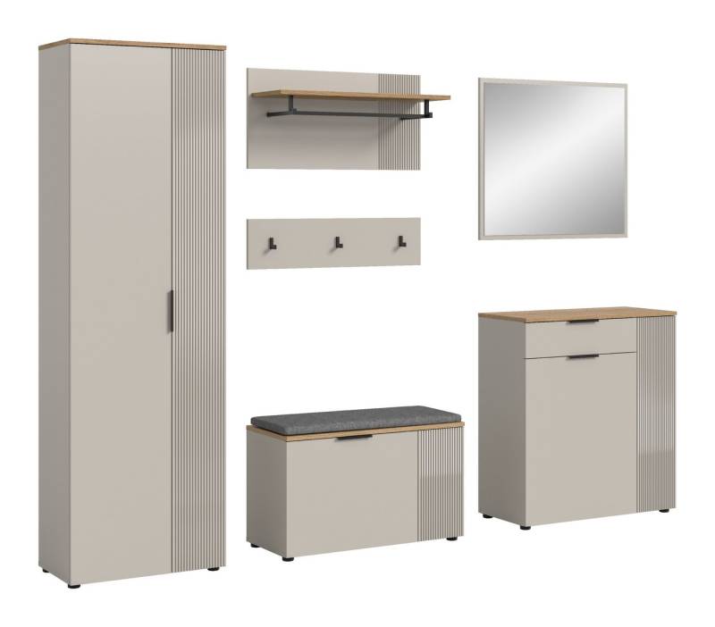 xonox.home Garderoben-Set Slide, (5tlg. Set inkl. Garderobenschrank, Sitzbank, Paneel, Kommode, Spiegel), Melamin beschichtet modern 250x190x36 cm von xonox.home