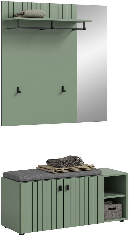 xonox.home Garderoben-Set Station, (2-tlg. Garderobensitzbank & Garderobenpaneel), inkl. Sitzkissen in Smoke Green Nachbildung B/H/T ca.: 106/192/37 cm von xonox.home