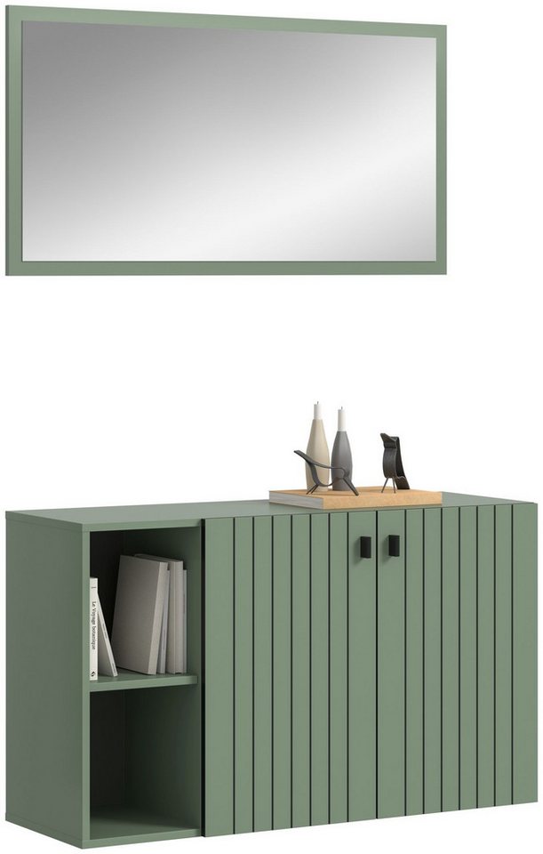 xonox.home Garderoben-Set Station, (2-tlg. Schuhkommode & Garderobenspiegel), in Smoke Green Nachbildung B/H/T ca.: 106/192/37 cm von xonox.home