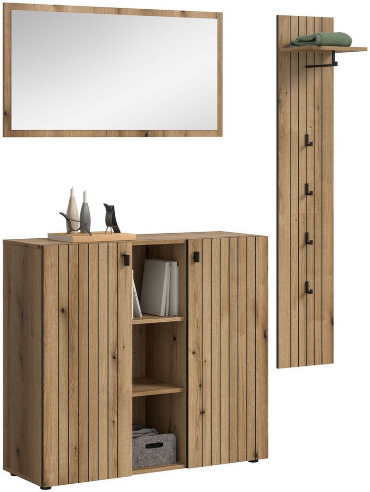 xonox.home Garderoben-Set Station, (3-tlg. Garderobenpaneel, Garderobenspiegel & Schuhkommode), in Evoke Oak Nachbildung B/H/T ca.: 157/192/37 cm von xonox.home