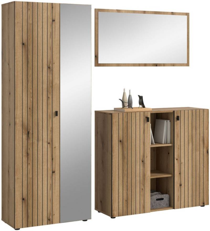 xonox.home Garderoben-Set Station, (3-tlg. Garderobenschrank, Garderobenspiegel & Schuhkommode), in Evoke Oak Nachbildung B/H/T ca.: 191/192/37 cm von xonox.home