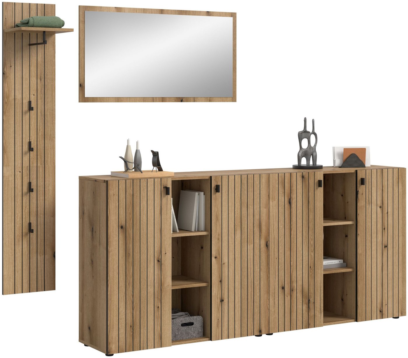 xonox.home Garderoben-Set Station, (4-tlg. Garderobenpaneel, Garderobenspiegel & Schuhkommode), in Evoke Oak Nachbildung B/H/T ca.: 258/192/37 cm von xonox.home