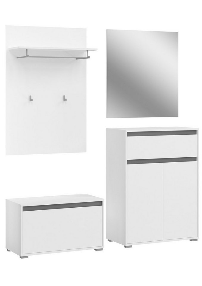 xonox.home Garderoben-Set Torino, (4tlg. Set enthält Sitzbank, Garderobenpaneel, Schuhschrank, Spiegel), Weiß Siphonausschnitt Modern 167x190x35 cm von xonox.home