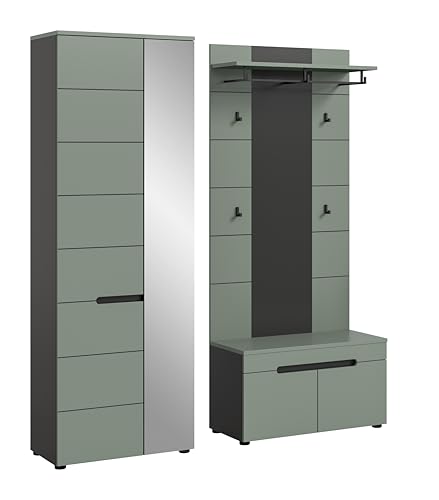 xonox.home - Garderobenkombination Canu 3tlg. 160x190x37 cm in Korpus Basalt grau Nb., Front Smoke Green Nb. - Garderobenschrank Garderobenmöbel Flurmöbel-Set Flursystem Stauraumlösung von xonox.home