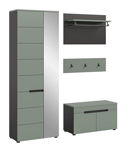 xonox.home - Garderobenkombination Canu 3tlg. 160x190x37 cm in Korpus Basalt grau Nb., Front Smoke Green Nb. - Garderobenschrank Garderobenmöbel Flurmöbel-Set Flursystem Stauraumlösung von xonox.home