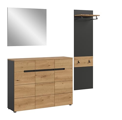 xonox.home - Garderobenkombination Canu 3tlg. 180x190x37 cm in Korpus Basalt grau Nb., Front Artisan Nb. - Garderobenschrank Garderobenmöbel Flurmöbel-Set Flursystem Stauraumlösung von xonox.home