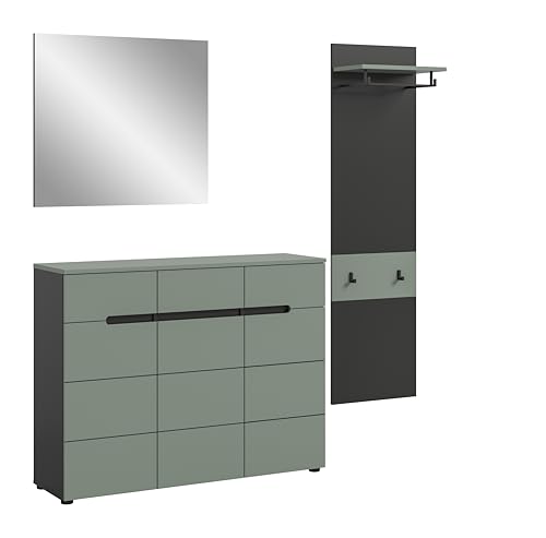 xonox.home - Garderobenkombination Canu 3tlg. 180x190x37 cm in Korpus Basalt grau Nb., Front Smoke Green Nb. - Garderobenschrank Garderobenmöbel Flurmöbel-Set Flursystem Stauraumlösung von xonox.home