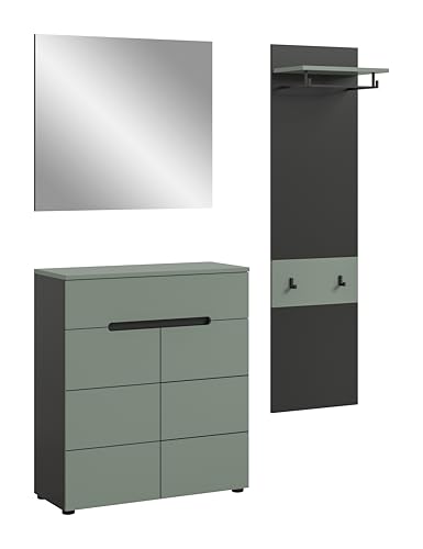 xonox.home - Garderobenkombination Canu 3tlg. 180x190x37 cm in Korpus Basalt grau Nb., Front Smoke Green Nb. - Garderobenschrank Garderobenmöbel Flurmöbel-Set Flursystem Stauraumlösung von xonox.home