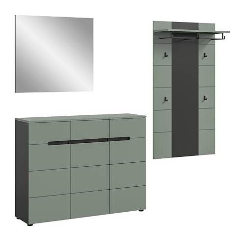 xonox.home - Garderobenkombination Canu 3tlg. 215x190x37 cm in Korpus Basalt grau Nb., Front Smoke Green Nb. - Garderobenschrank Garderobenmöbel Flurmöbel-Set Flursystem Stauraumlösung von xonox.home