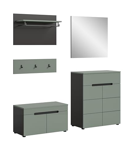 xonox.home - Garderobenkombination Canu 4tlg. 175x190x37 cm in Korpus Basalt grau Nb., Front Smoke Green Nb. - Garderobenschrank Garderobenmöbel Flurmöbel-Set Flursystem Stauraumlösung von xonox.home